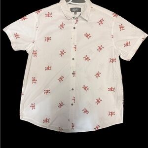 White Short-Sleeve Button-Up Shirt with Santa Print